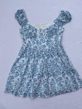 Mixed Threads Blue and White Puff Sleeve Corset Bustier Mini Dress Sz L Cottage